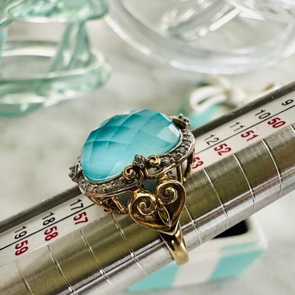 14k Gold Faceted Aqua Quartz & Diamond Size 7 Fine Jewelry Fashion Engage Gift - Picture 5 of 6